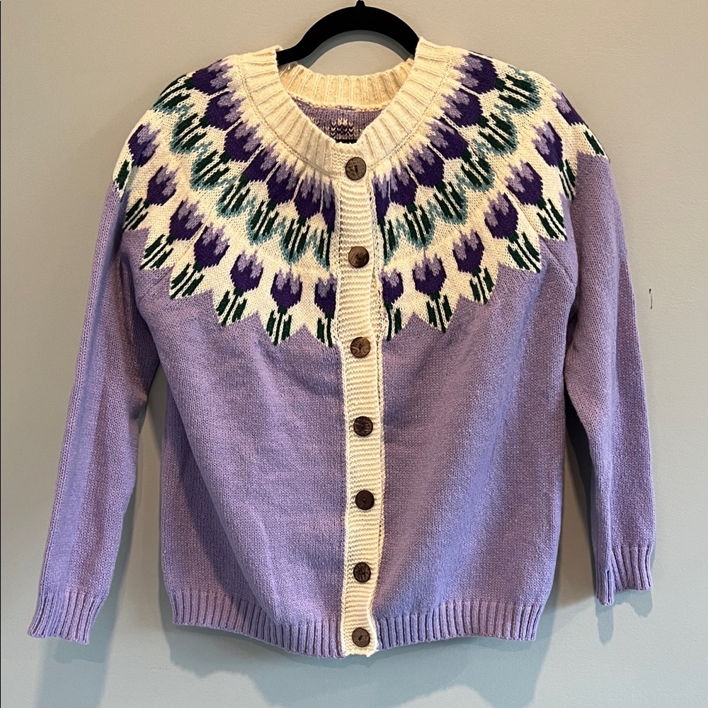 Classic Lavender Fair Isle Button-Up Cardigan Sweater